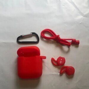 Red Silicone AirPods Case With Ear Hooks &‎ Carabiner Clip Set